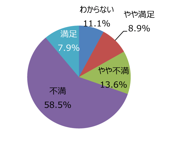 円グラフ「高齢者や障がい者など、誰もが使いやすい公園だと思いますか」：満足7.9%、やや満足8.9%、やや不満13.6%、不満58.5%、わからない11.1%