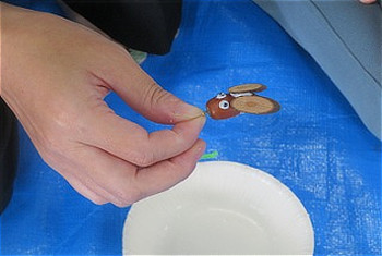 完成したどんぐりや木のパーツで作られたセミのストラップ