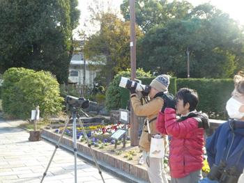 双眼鏡で鳥たちを観察する参加者