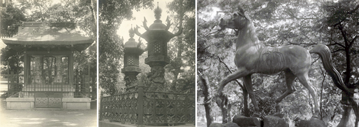 写真㋦ 神馬銅像 大正3年（1914）、写真㋸ 大阪 木津川上荷仲奉納 明治23年（1890）、写真㋾ 陶磁器燈籠覆屋 明治14年（1881）