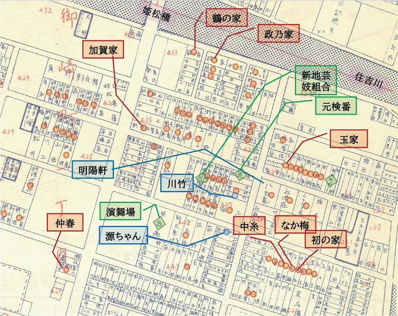 昭和31年の住宅地図から茶屋や関連の店舗、施設のおおよその分布