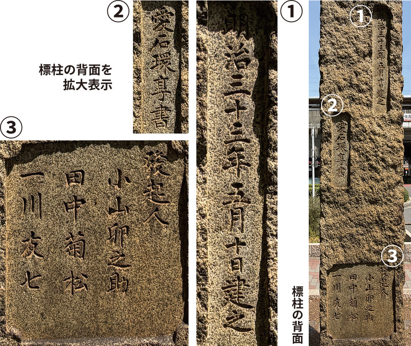 標柱の背面と、標柱の背面を拡大表示