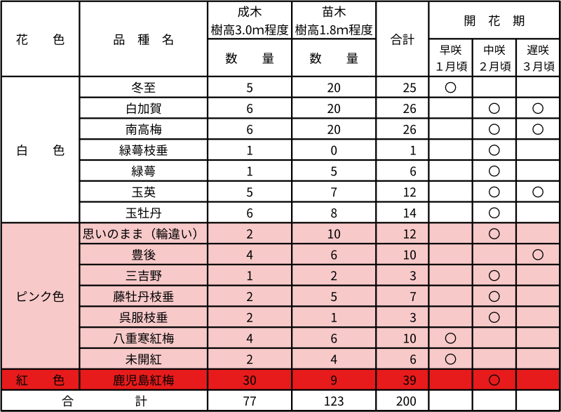 枚岡梅林　梅樹一覧表　提供：枚岡神社