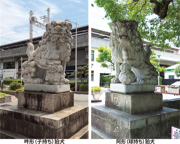 写真3：現在の狛犬（住吉公園 汐掛道・東側入口）。左側が吽形（子持ち）、右側が阿形（球持ち）。