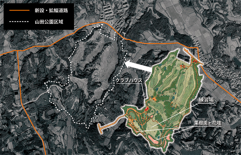 図④：昭和17年（1942）頃の山田公園の航空写真。山田公園区域（白い点線）と集落（山田上）、バイパス道路、クラブハウスなどが示されている。